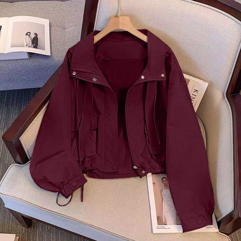 Women Windbreaker Hooded Jacket Autumn Waterproof Patch pocket Button Crop Oversized Jackets Streetwear Track Jacket Outerwear