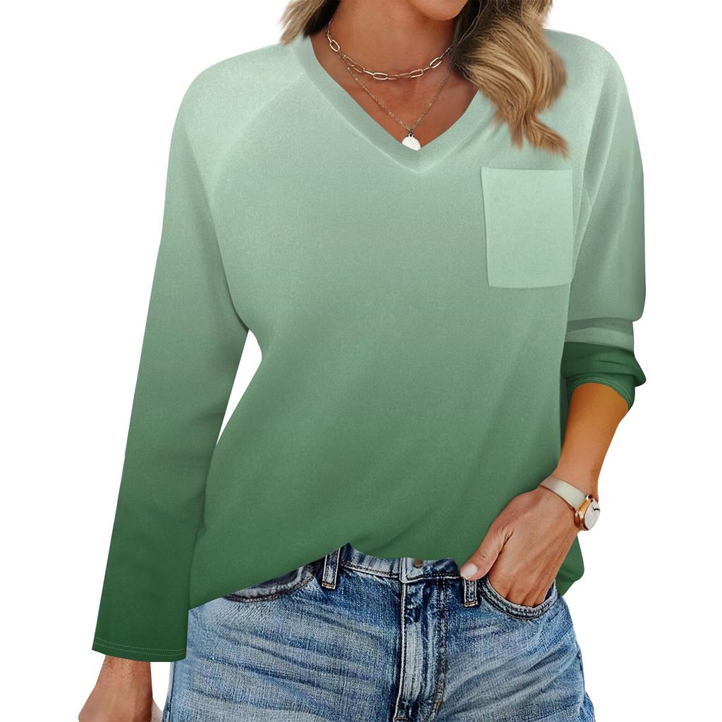 Women's Raglan Long Sleeve V-Neck T-Shirt Splicing Solid Color Casual Top Pullover V-Neck Pocket Bottoming Shirt