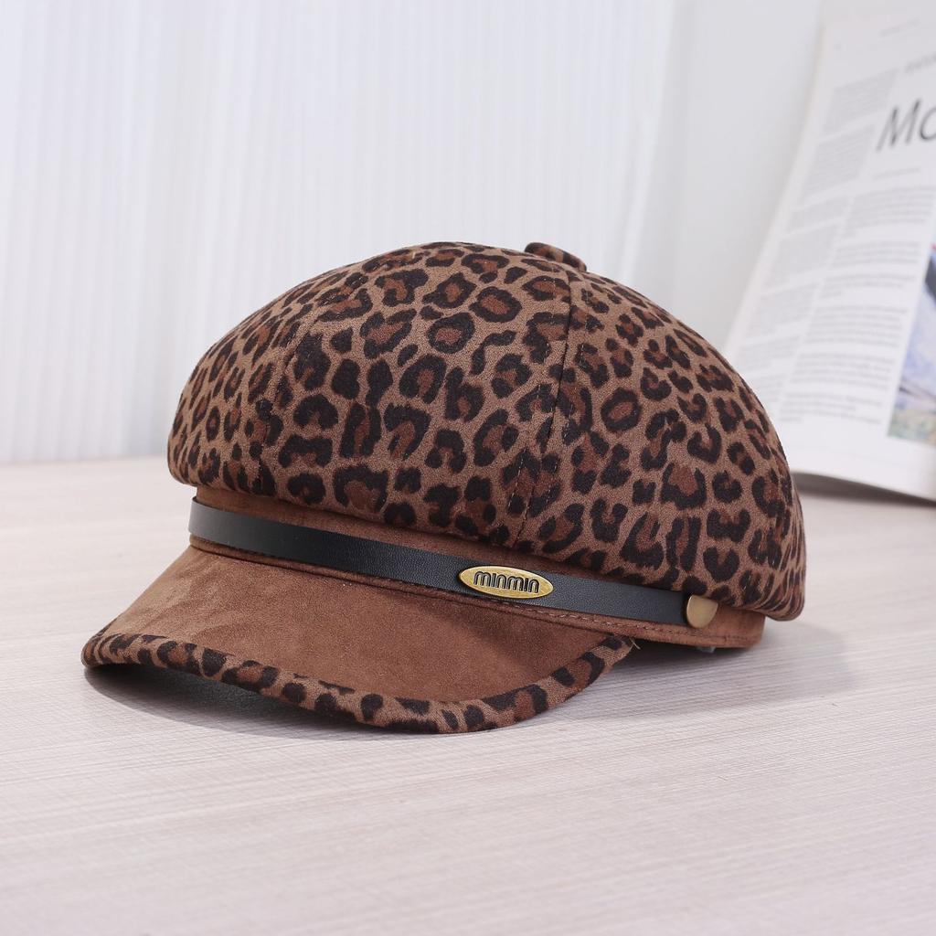 American retro spice leopard print beret women's new niche yk millennium octagonal newsboy painter hat