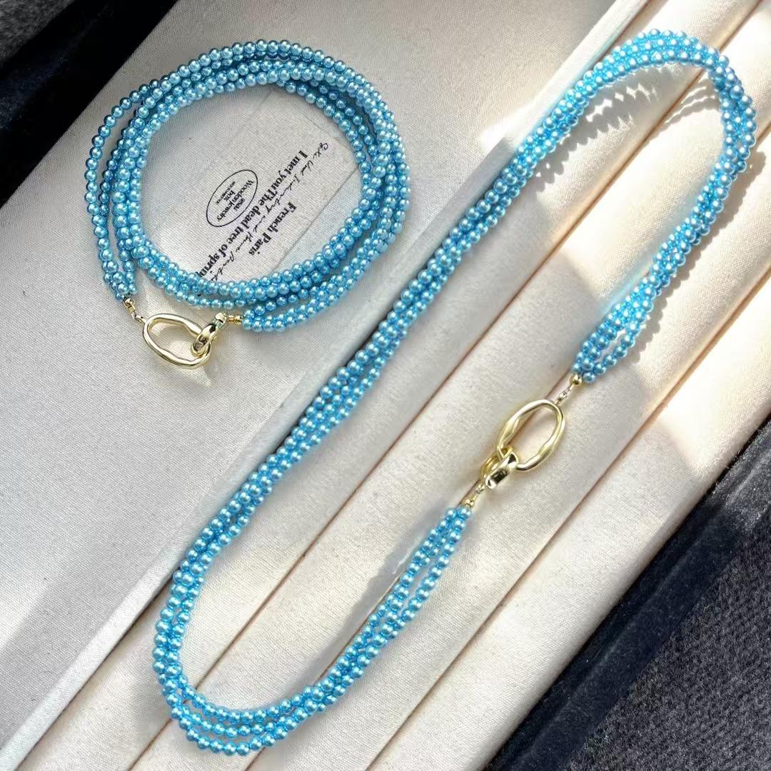 Vintage High Quality Blue Enchantress Multi-Layer Faux Crystal Pearl Necklace Collarbone Chain Sweater Chain