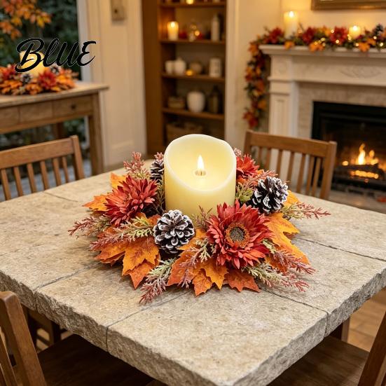Thanksgiving Table Centerpieces Fall Maple Leaf Candle Ring Autumn Pillar Wreath Artificial Holder for Harvest Party Centerpiece Theme Supplies