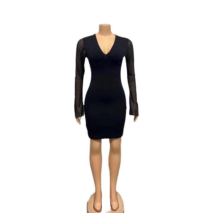 Europe, America, the new V-neck low-cut sexy hip-wrapped mesh sleeve long-sleeved dress women's clothing