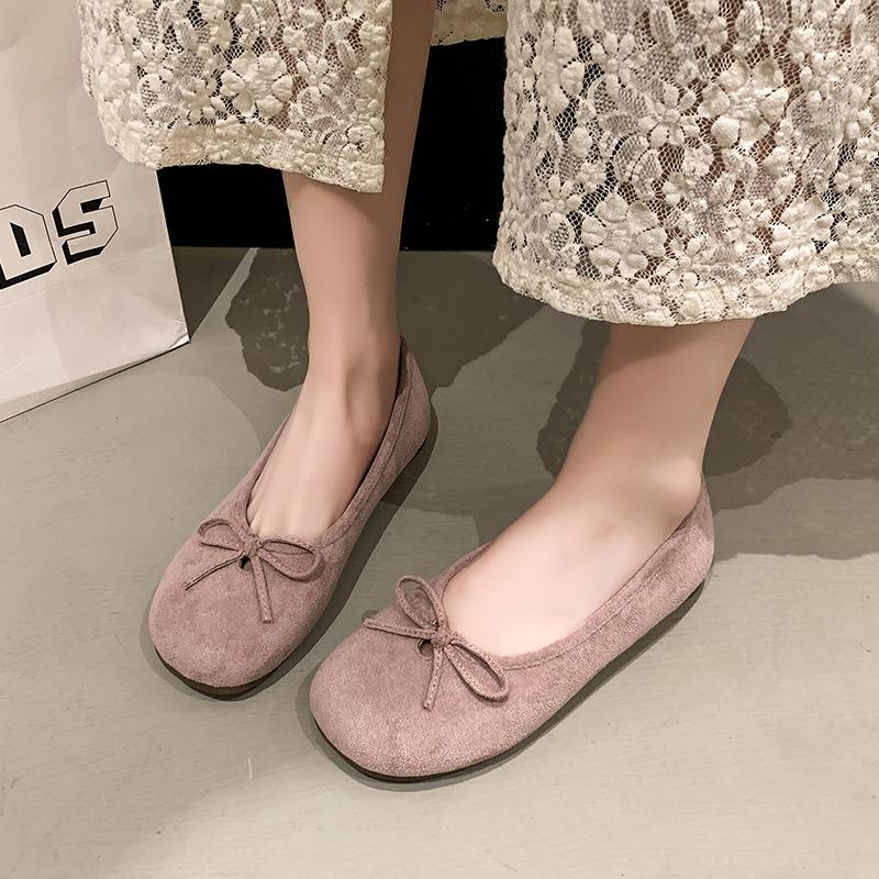 Fashion Women's Fashion Soft Sole Flat Shoes Spring Round Head Cow Suede Butterfly Knot Anti-slip Wear Light Single Shoes
