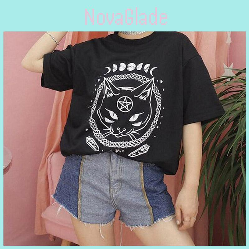 Damen Mädchen Lustiges Kurzarm Mond Katze Print Punk Gothic Lässiges Oberteil Bluse