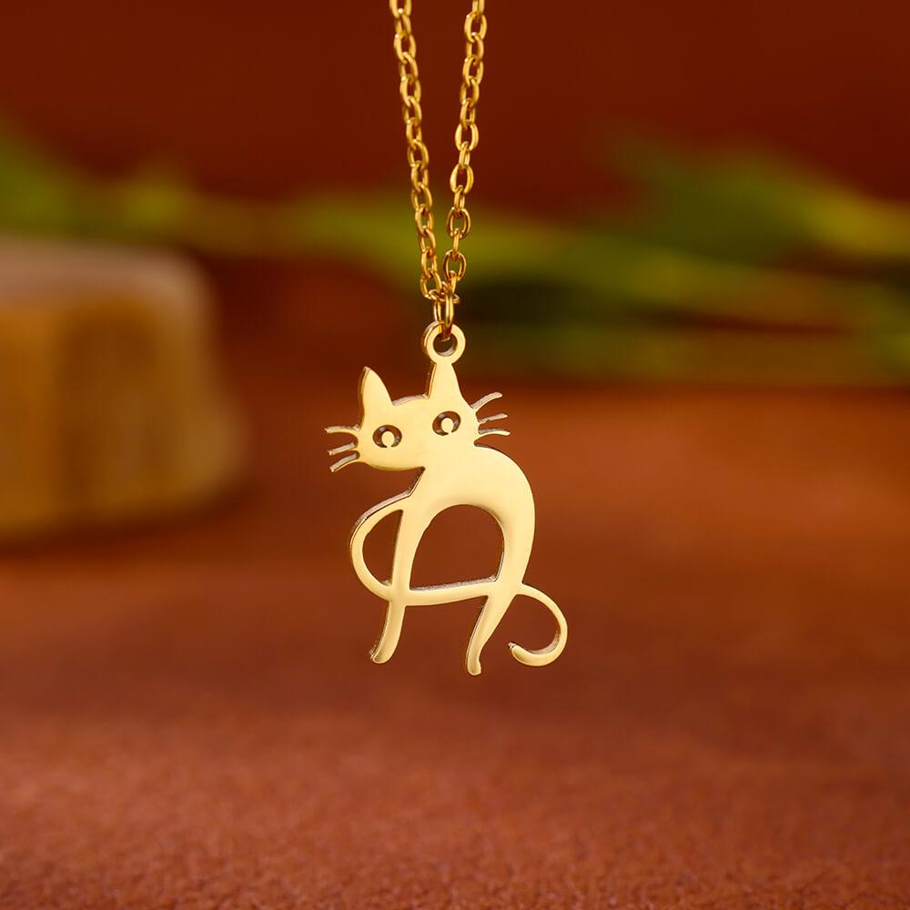 Stainless Steel Initial Letter Cat Pendant Necklace for Women Gold Color Animal Alphabet Necklaces Charm Fashion Jewelry Gifts