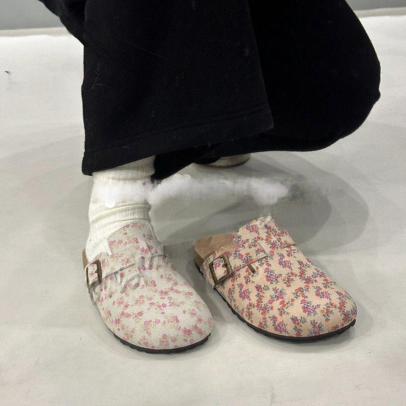 Retro floral women's outer wear spring and summer new one-pedal bag head thick-soled Boken half slippers