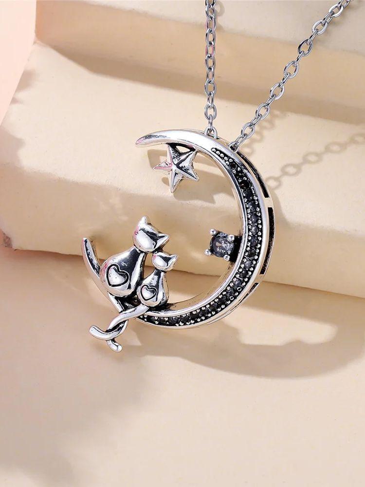 

Female Moon Cute Cat Pendant Necklace Vintage Silver Color Wedding Jewelry For Women