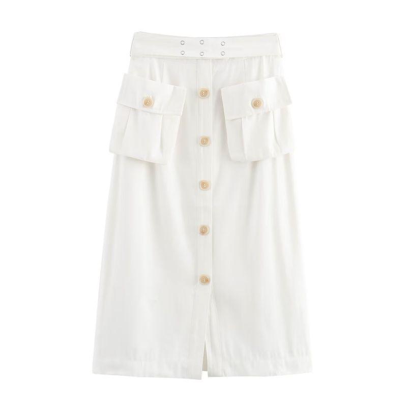 

Kaslead New Arrival Women s Clothing Fashion Style Stylish Simple and Versatile Overalls Pocket Trim Skirt White L