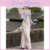 New Chinese Style Dress For Women Spring Knit Fabric Slim Fit Long Sleeve Vneck With Piping For Elegant Occasion