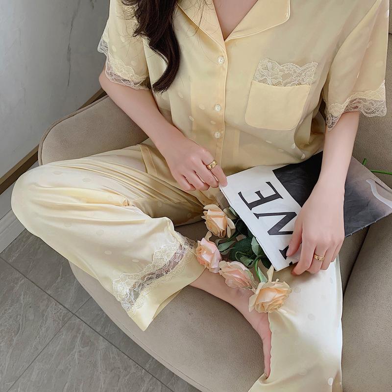 Summer Imitation Silk Pajamas Women'S Lace Edge Polka Dot Short-Sleeved Trousers Comfortable Loungewear Set
