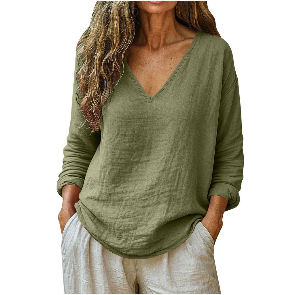 Spring 2026 Women's Casual Loose V-Neck Cotton Linen Long Sleeve Top