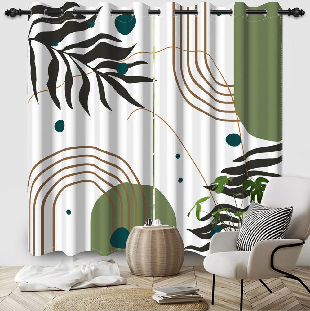 2pcs Nordic Style Blackout Curtains Green Leaves Moon Window Curtains Sun Simple Minimalism Nordic Lines Home Interior Curtains