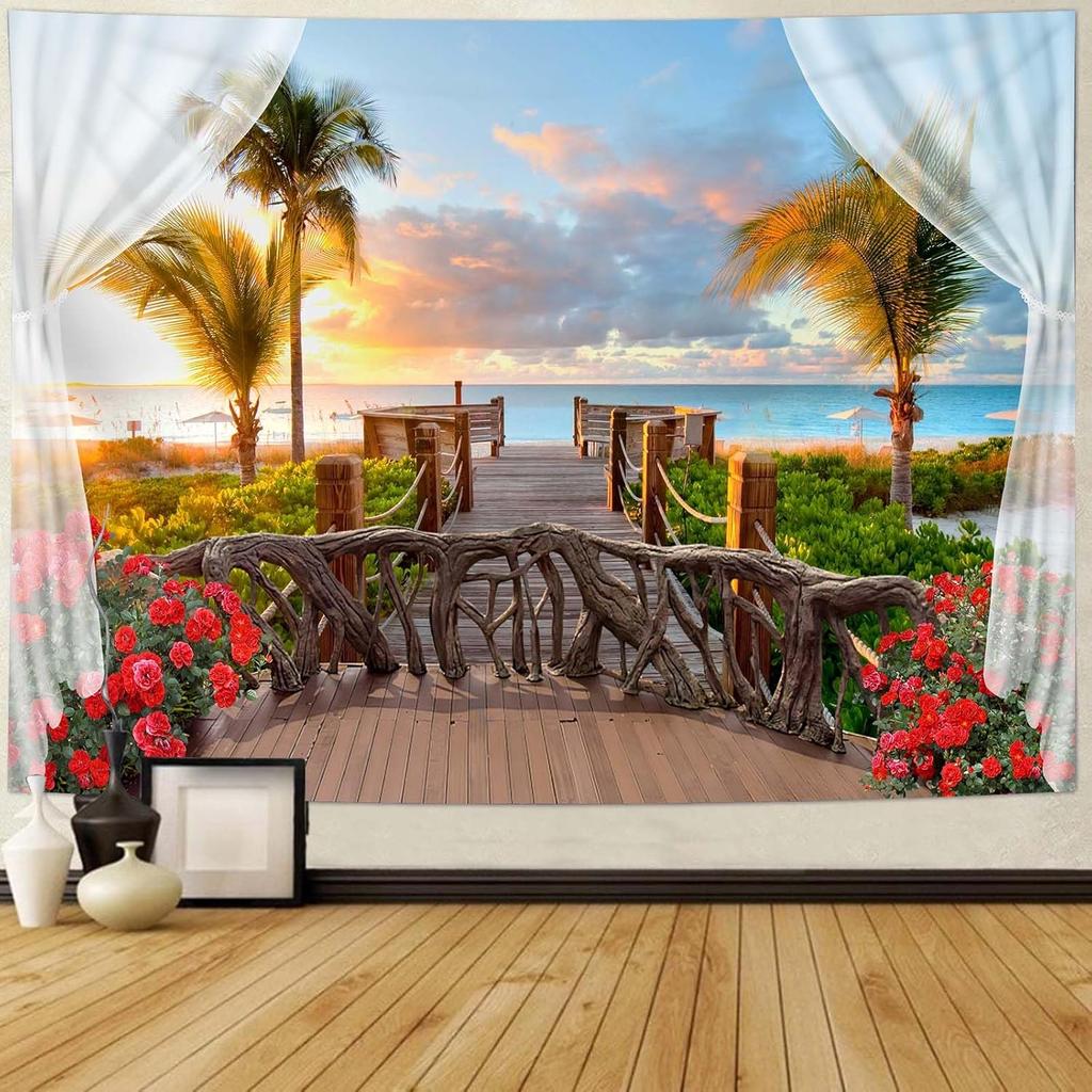 Beach Window Tapestry Wall Hanging Beachy Coastal Ocean Nature Tropical Landscape Scenic Tapestries For Bedroom Living Room Wall