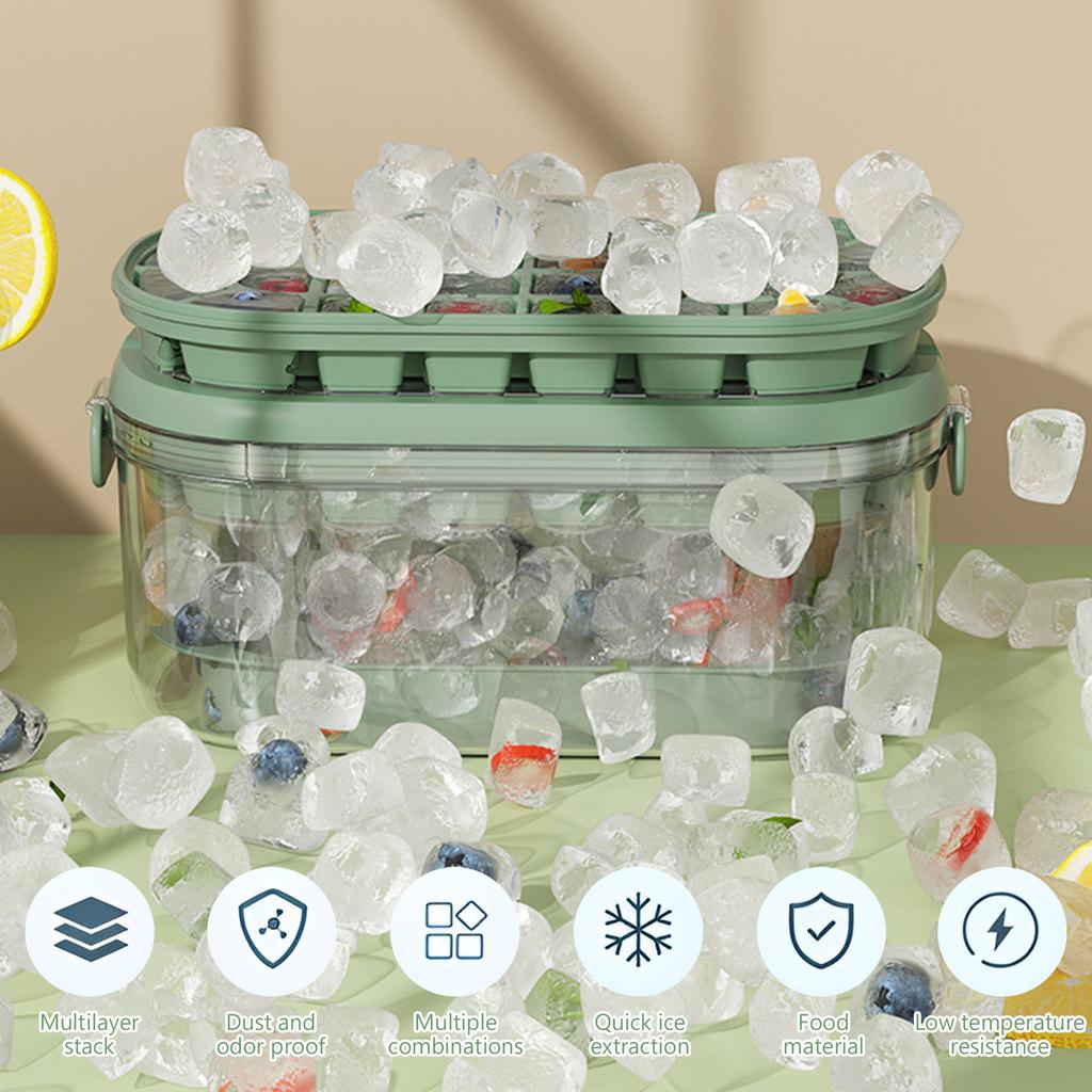 Ice Cube Tray with Lid and Bin Reusable Silicone Ice Ball Maker for Freezer 2-Layer Stackable Ice Tray Molds Release Ice Ball