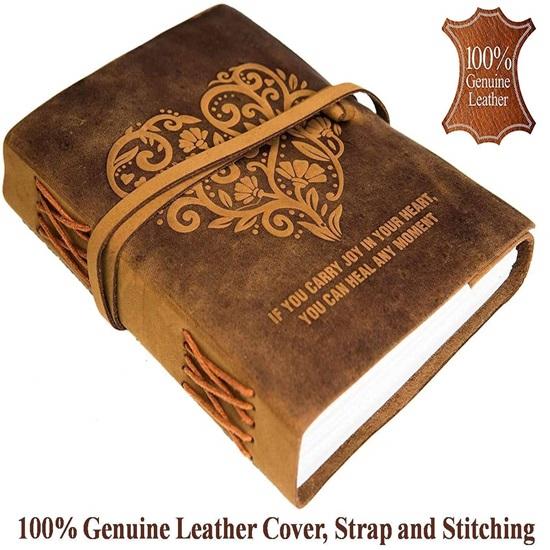 Leather Diary, Brown Colour Handmade Leather Bound Notepad for Men and Women 17.78 X 12.7 Cm, Gift for Any One (Heart with Quote)