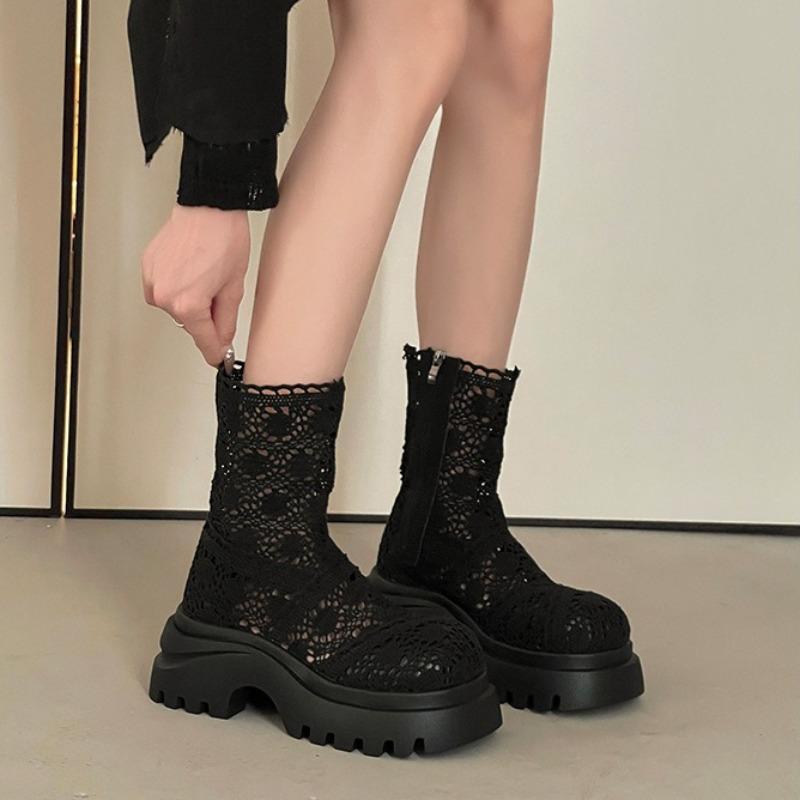 Fashion Summer Women's Thick-soled Exquisite Lace Mesh Cool Boots Fad Design Sense Hollow Womens High Quality High-top Boots Botas Mujer
