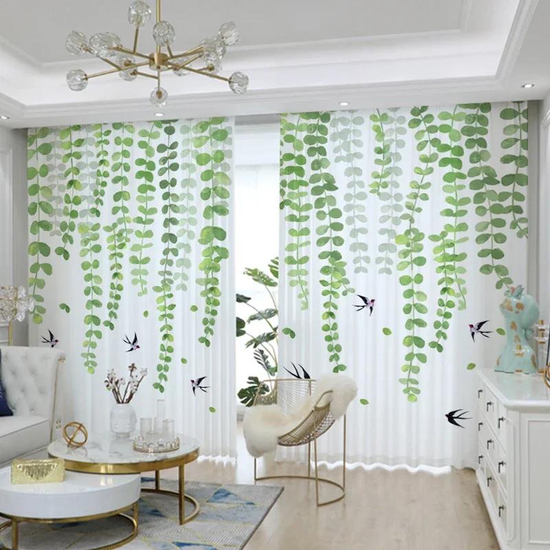 3D Rosa Blume Vorhang Grüne Pflanze Pastoral Dekor Transparenter Sichtschutzvorhang Wohnzimmer Schlafzimmer Bodenlanges Fenster Voile Vorhang