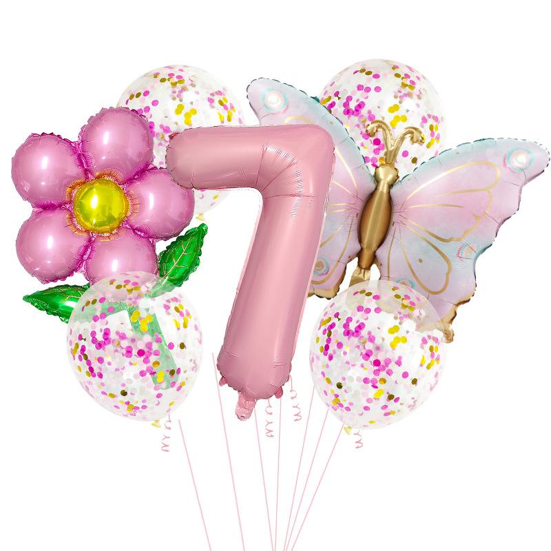 1set Pink Butterfly Flower Transparent Sequin Balloon 32inch Number 1-9 Set Birthday Party Baby Shower Wedding Decoration