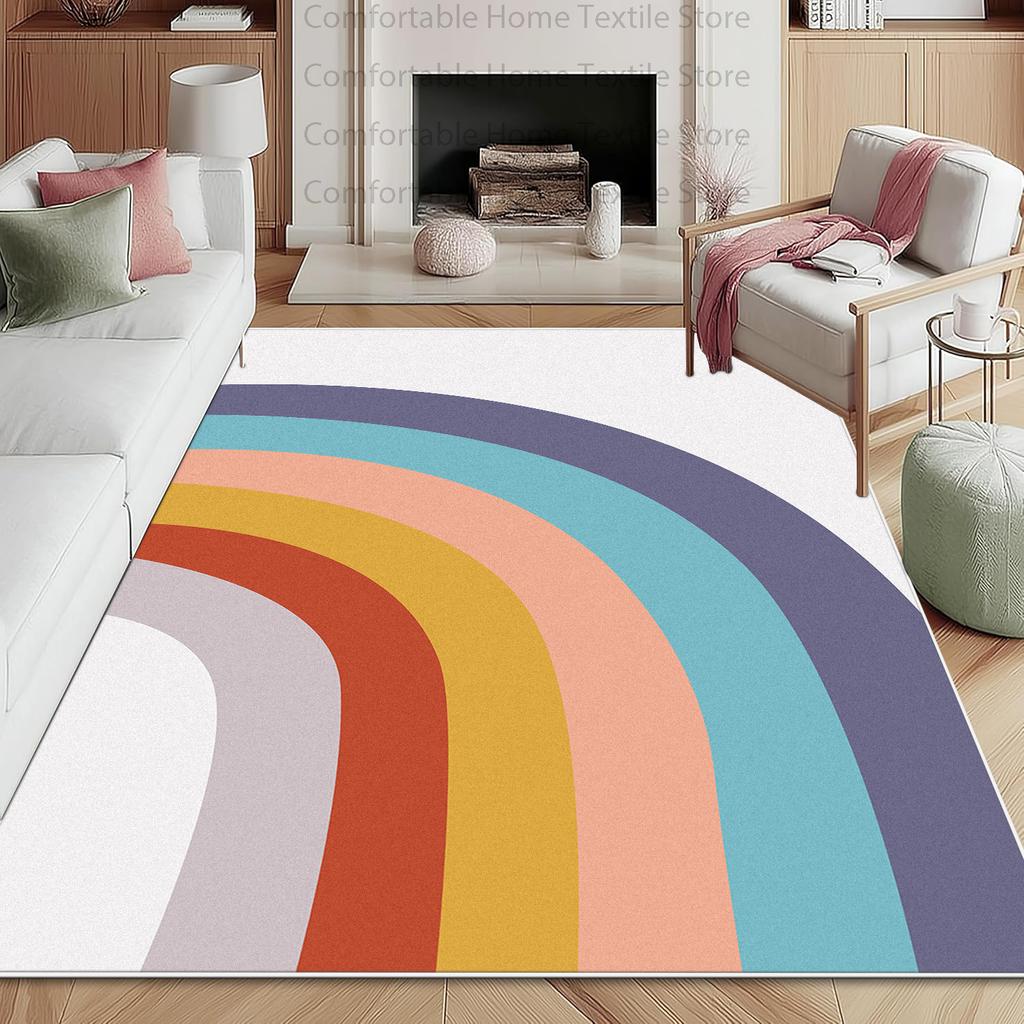 Nordic Rainbow Abstract Style Living Room Carpet Cute Stripes Soft Plush Decoration Home Rug Cloakroom Washable Foldable Mat