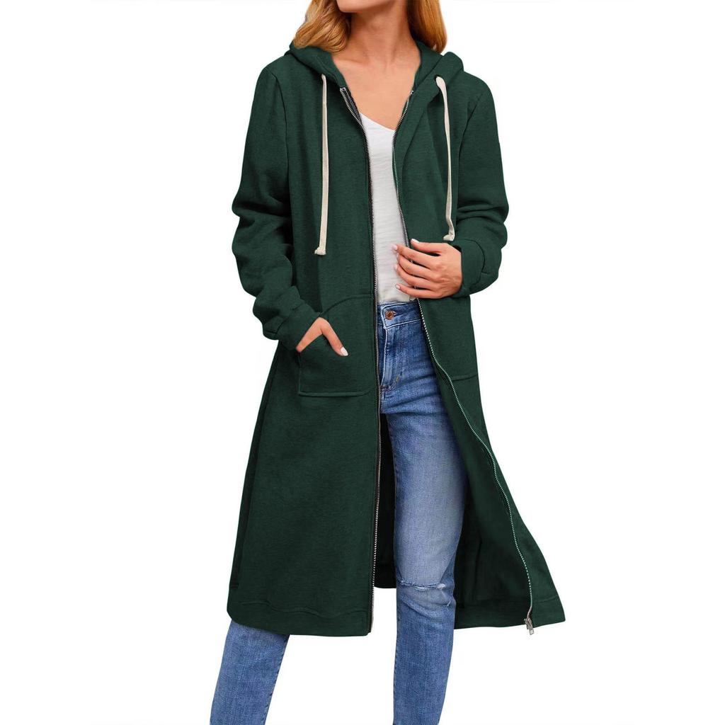Loose Fit Length Full Zip Up Hooded Coat For Women Cotton Outerwear Long Sleeve Hoodie Sweat with Pockets