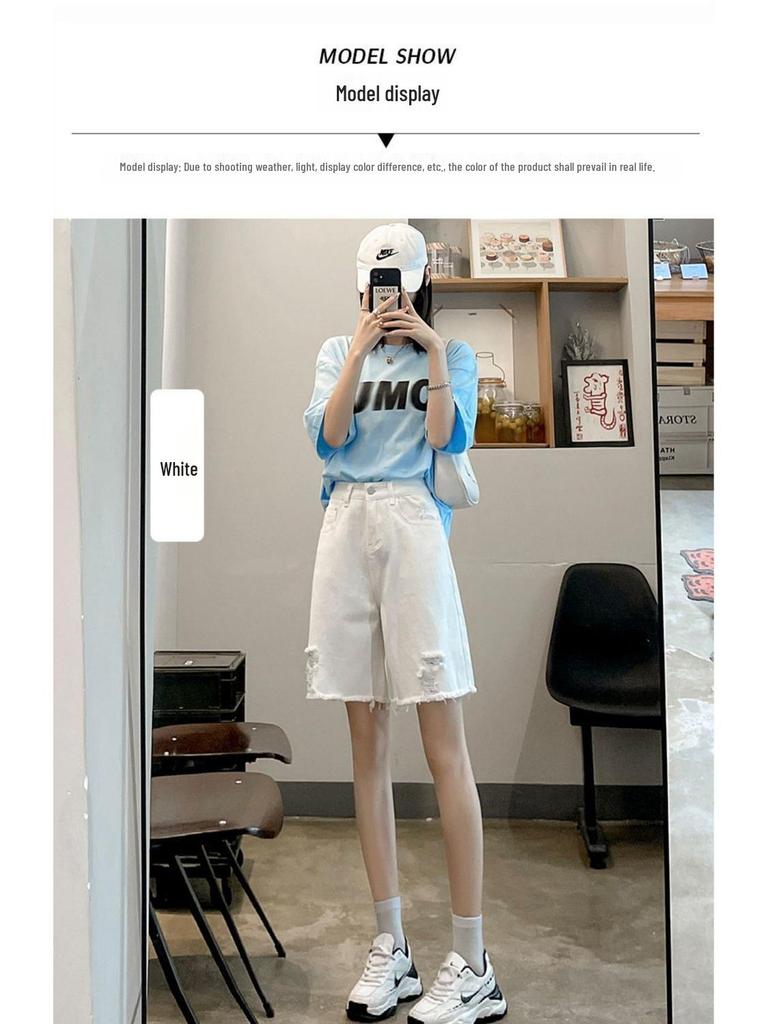 Women's Summer 2025 White Ripped Wide-Leg Denim Shorts