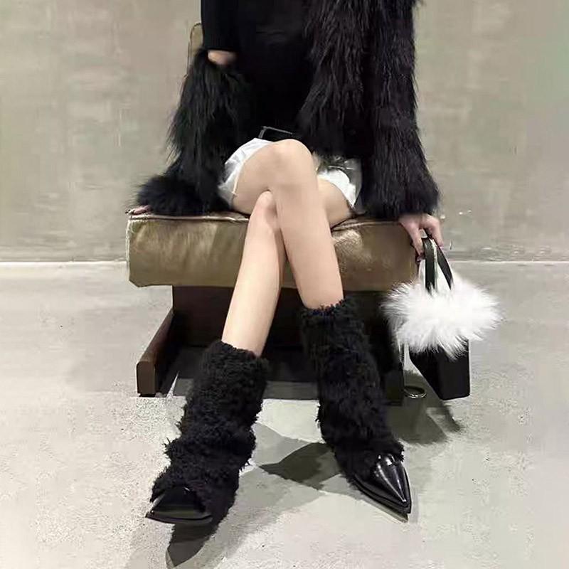 

New Women s Furry Warm Knee High Boots Genuine Leather Solid Color Fashion Concise Sexy Women Shoes Slip-On Pointy Thin Heels 35 чёрный