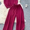 Summer Women Drawstring Knitted Sweater Trouser Two Piece Set Short Sleeve Zipper Pullover Tops and Wide Leg Pant Suit