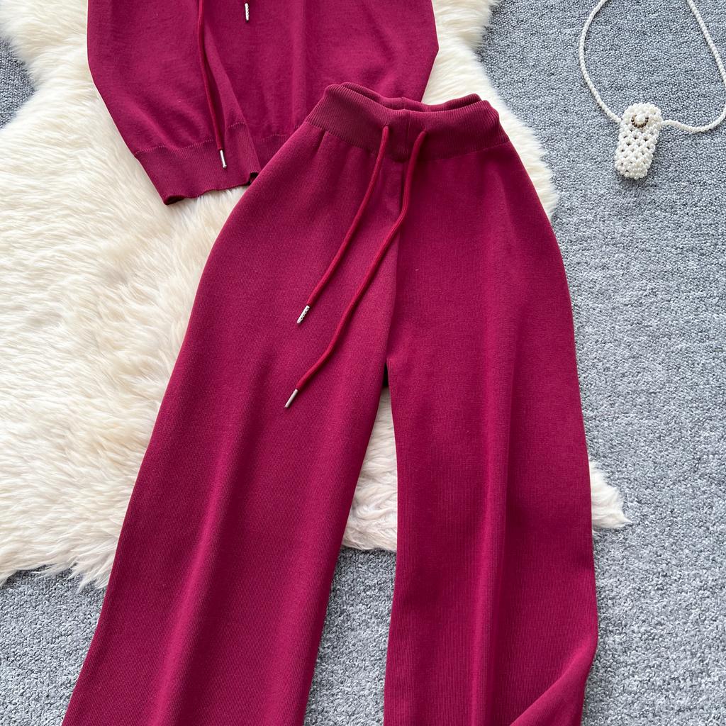 Summer Women Drawstring Knitted Sweater Trouser Two Piece Set Short Sleeve Zipper Pullover Tops and Wide Leg Pant Suit