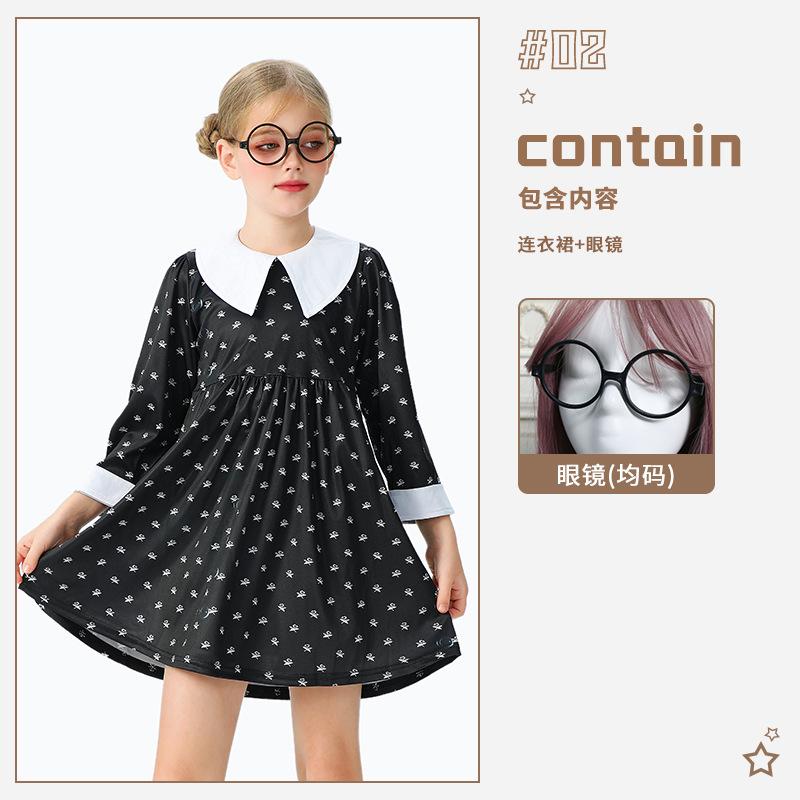 Halloween Children's Costume Adams Family Costume Wednesday Black Long Sleeve Dress Girls Party