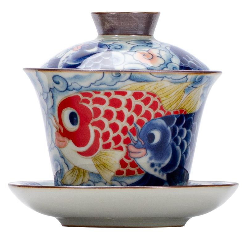 Guochaofeng Ru Porcelain Tea Set Fulong Fish Cover Bowl Teapot Teacup High-end Gift Box Household Ceramic Souvenir