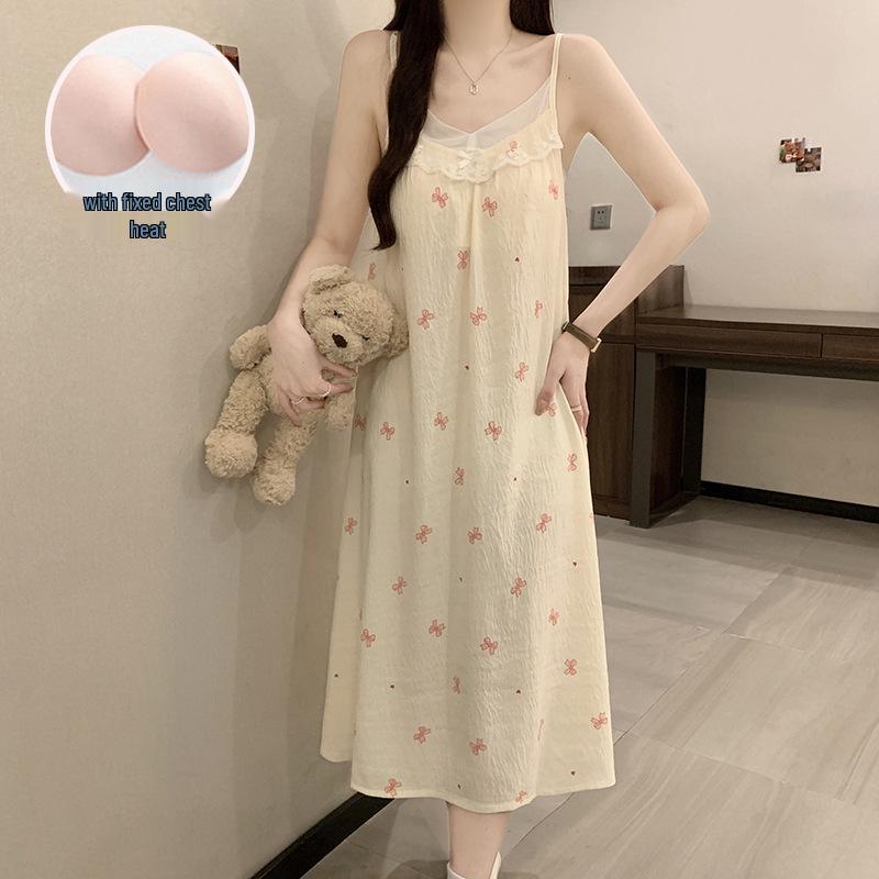 2026 Women's Cloud Cotton Spaghetti Strap Nightgown with Chest Pads, Sweet Long Dress for Home or Outdoors
