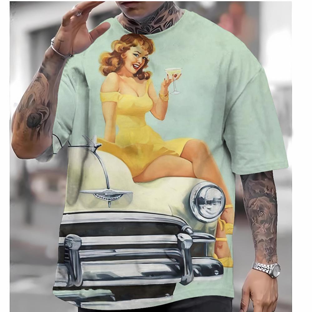 T-shirt Vintage da Uomo Sexy Bellezza Modello Stampato 3D T-shirt Casual a Maniche Corte T-shirt Oversize Abbigliamento da Uomo Top Estate