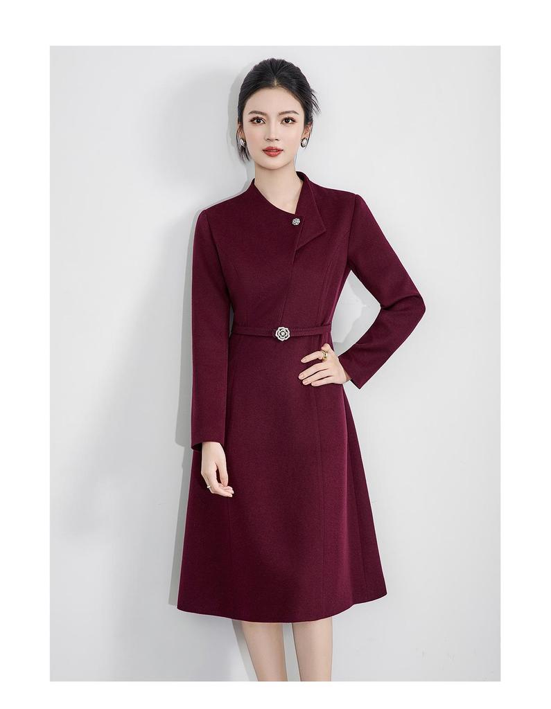 Elegant Woolen Skirted Dress with Waist-Cinch for Autumn/Winter