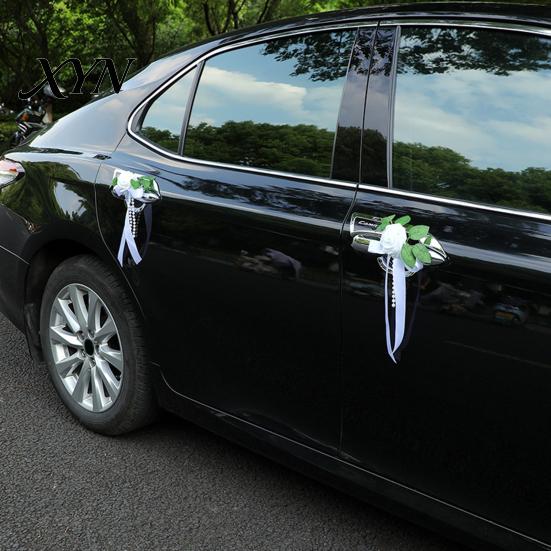 Easy Install Wedding Car Kit Artificial White Rose Decoration, Door Handle & Rearview Mirror Flower Bouquet Realistic Flowers with Satin Ribbon