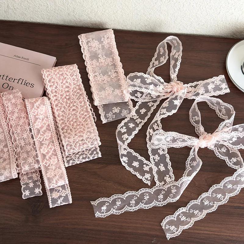 Różowe Koronkowe Kwiaty Długi Pasek Jedwabna Chustka Opaski Kokarda Gumka do Włosów Damska Dziewczęca Słodka Wiązana Turban Wstążka Nakrycie Głowy Moda