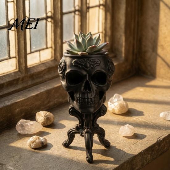 Retro Flower Pots Mini Gothic Skull Planter Pot, 3D Printed Creepy Flowerpot, Decorative Succulents Plants Container, Desk Decoration for Halloween