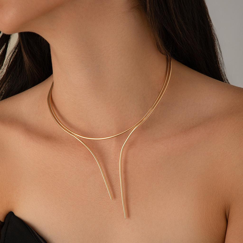 Punk style double-layer v-shaped open choker necklace, simple metal glossy plain collar jewelry