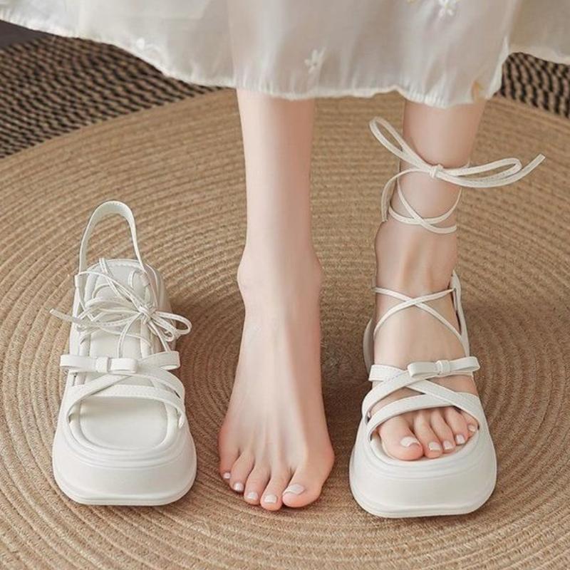 

Модные женские босоножки на среднем каблуке со шнуровкой-бантом, дизайнерская обувь на платформе и каблуке, летний новый тренд 2025, модная римская обувь, туфли для платья Mujer Zapatos 40 покинуть белый