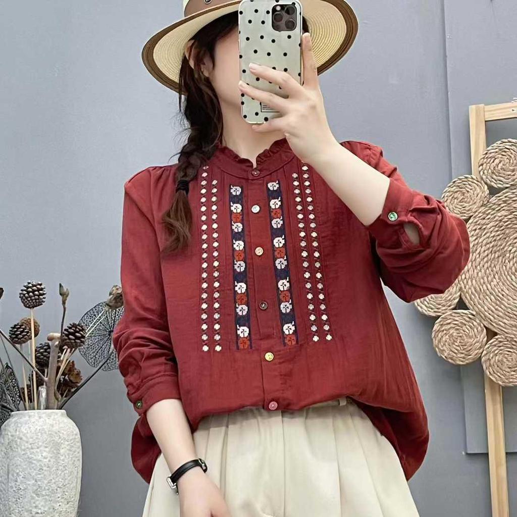 Women's Long Sleeve Embroidered Cotton Shirt, Ethnic Style, Loose Fit, Retro, Slimming Temperament Top