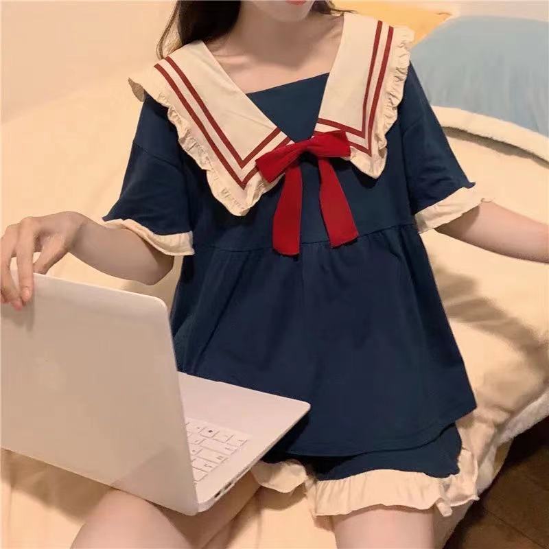 Kragen Nachtwäsche Frauen Pyjama Sets Koreanische Kurzarm Piiama Sommer Set 2 Stück Nacht Tragen Schlafen Patchwork Home Anzug