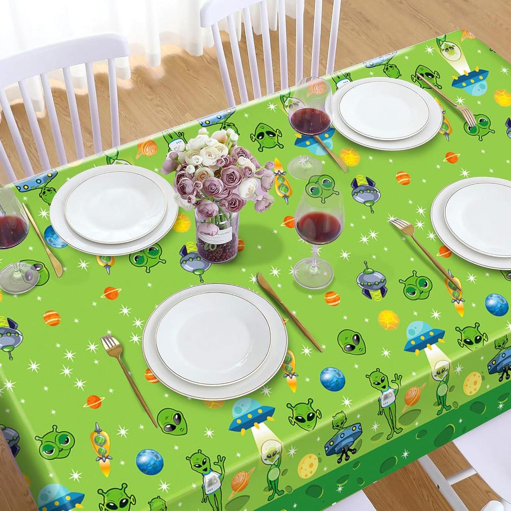 2 Pcs Alien Tablecloth Green Alien Table Covers Aliens Party Tablecloths Space UFO Themed Party Supplies Space UFO Plastic Rectangular Tablecloth for