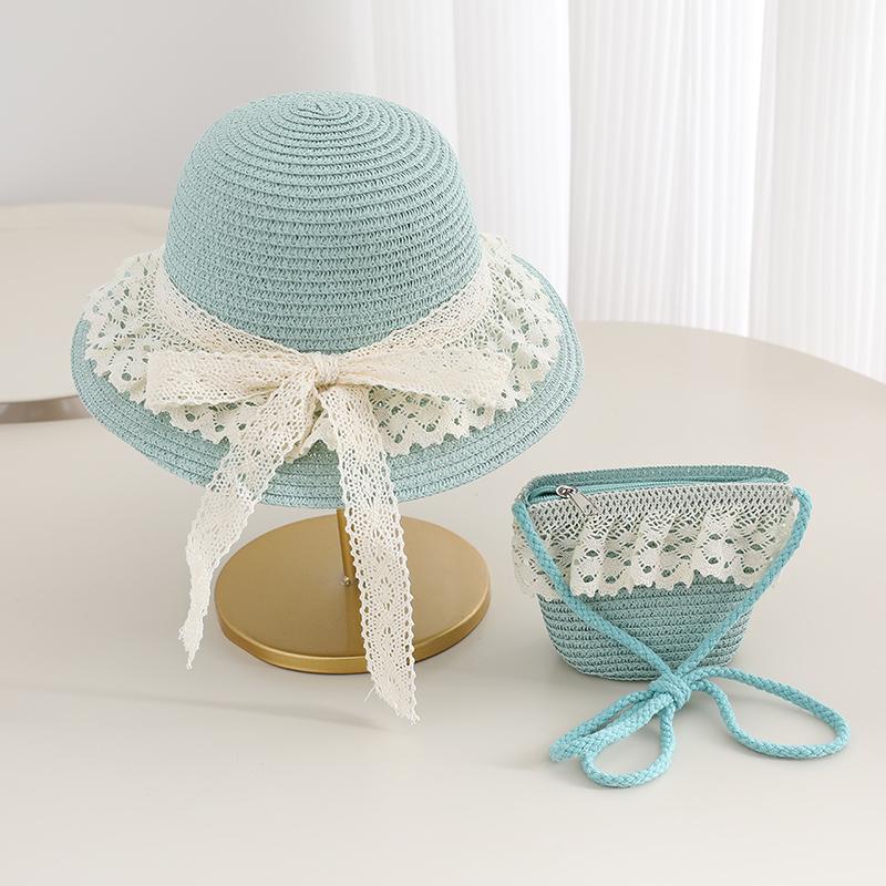 Girls Lace Straw Hat & Mini Bag Set Summer Children's Sun Hat Bow Cute Toddler Beach Hat for Kids Outdoor Travel Sun Protection