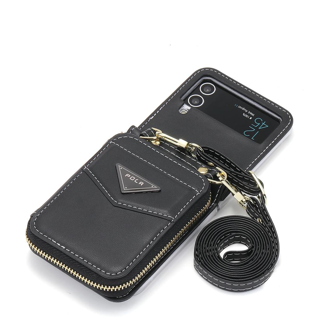 Crossbody Leather Bag Wallet Zipper Purse Case for Samsung Z Flip 6 5 4 Flip3 Neckstrap Shoulder Strap Card Holder Pocket Cover