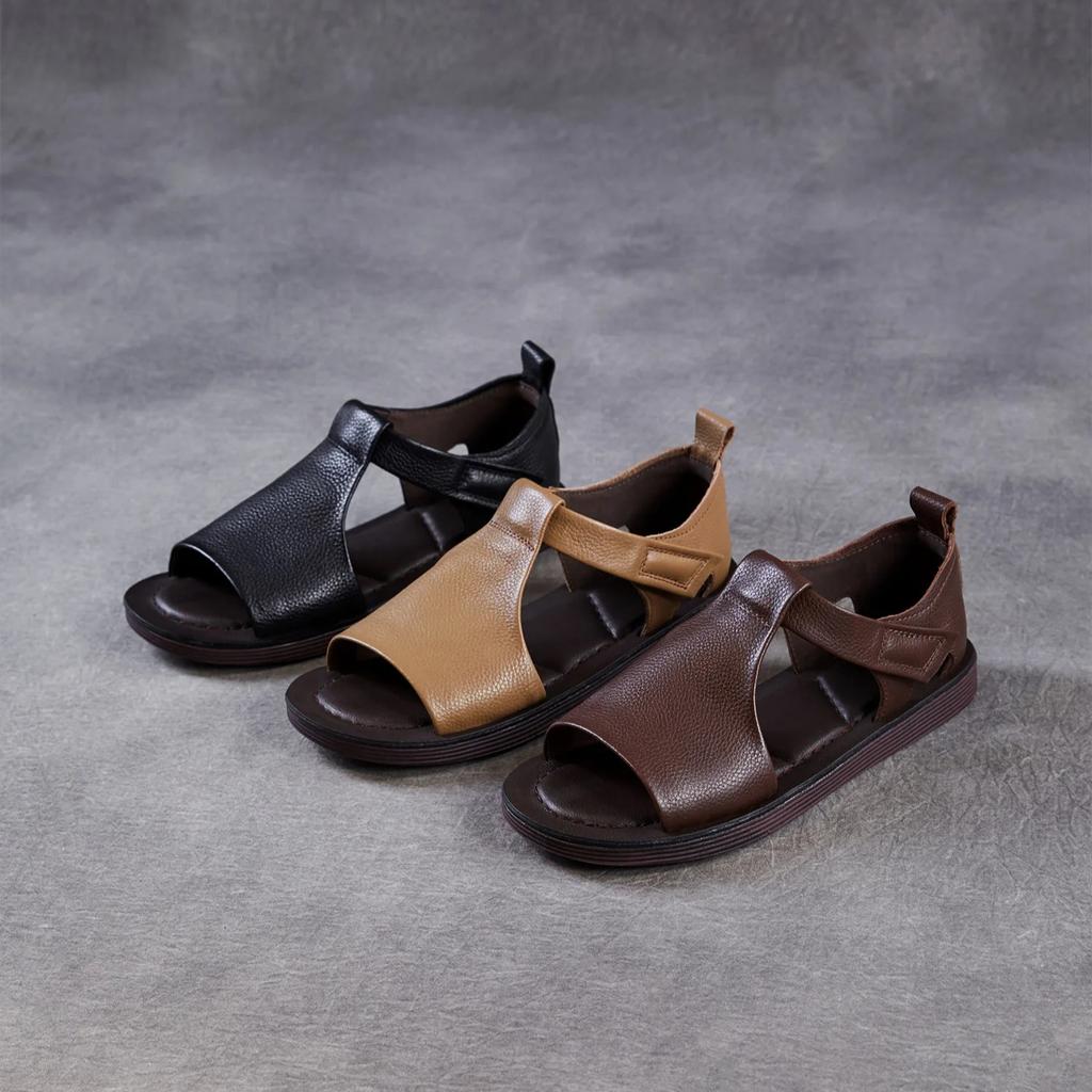 Johnature Retro Genuine Leather Peep Toe Flat Sandals Versatile Casual Soft Soled Beach Shoes