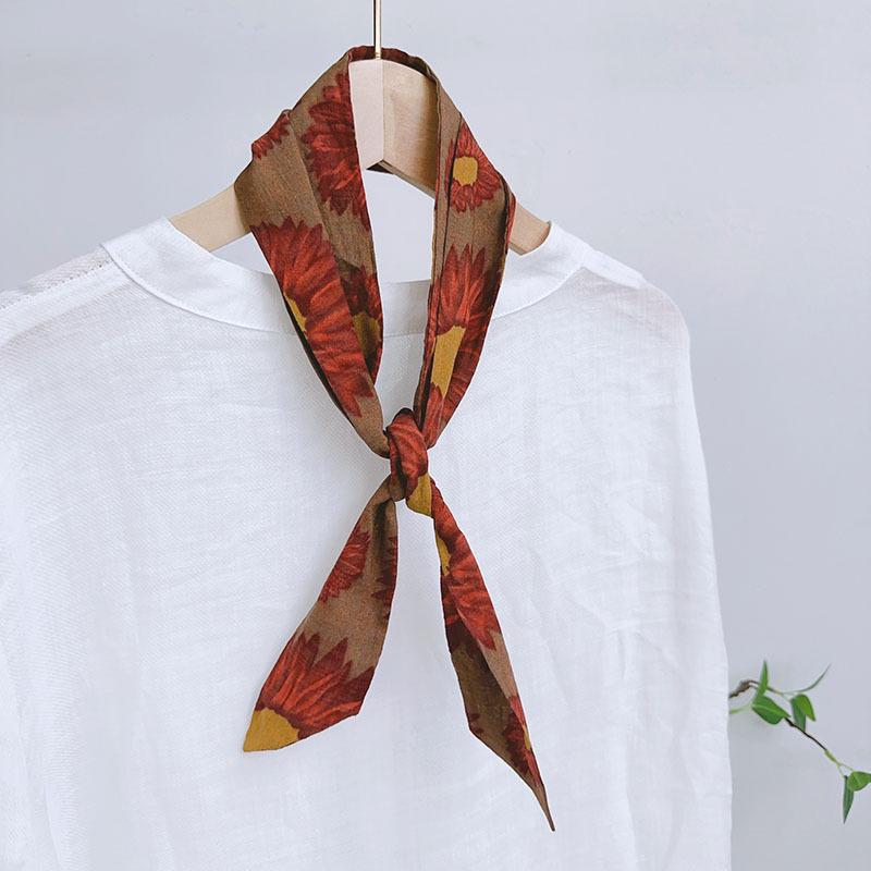Spring Summer Floral Print Cotton Skinny Scarf Women Soft Neckerchief Hairband Lady Headband Bagscarf Female Neck Ties