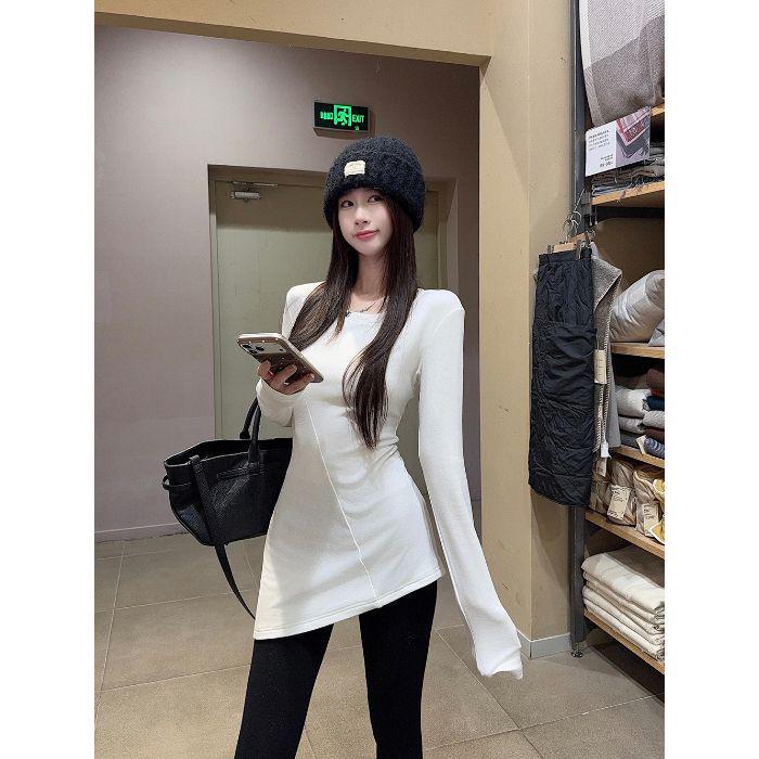 

Threaded Plush Irregular Hem Long Sleeve T-shirt for Women - Winter Base Layer Top XL білий
