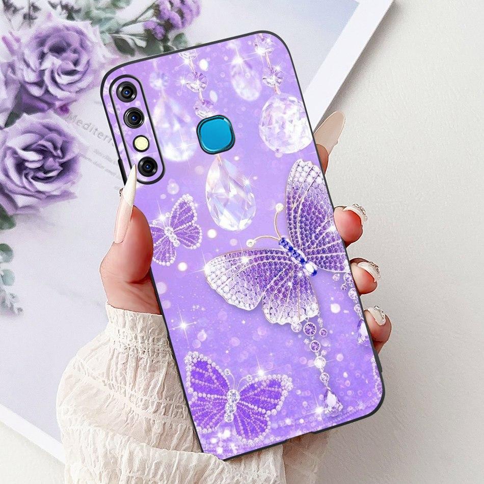 For Infinix Hot 8 Phone Case Hot 8 Lite Hot8 X650 X650C X650B X650D Elegant Floral Cat Pattern Black Silicone Soft TPU Cases