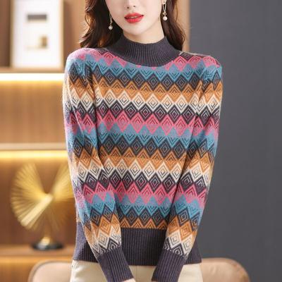 Nueva Moda Otoño Invierno Diamante Arcoíris Celosía Reductor de Edad Moda Grueso Jersey Suelto Medio Cuello Alto Tejido