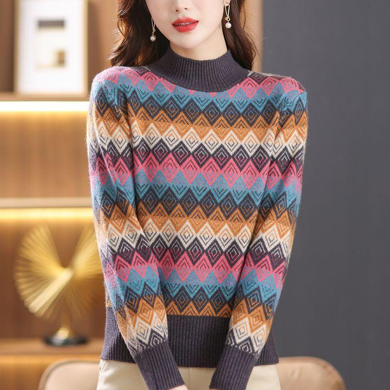 New Autumn Winter Fashion Rainbow Diamond Lattice Age-reducing Fashionable Thick Pullover Loose Half Turtleneck Knitted Sweater