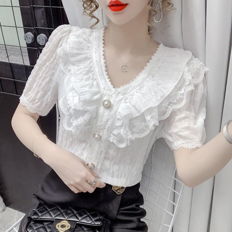Female Summer Solid Colour Casual Short-sleeved T-shirt Fashion Lace Ruffle Top Temperament Sweet Chiffon V-neck Shirt